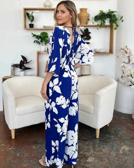 Double Take Full Size Printed Tie Back Wide Leg Jumpsuit