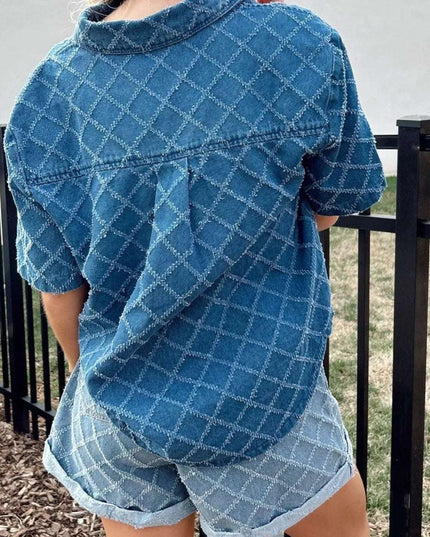 Pocketed Collared Neck Short Sleeve Denim Shirt