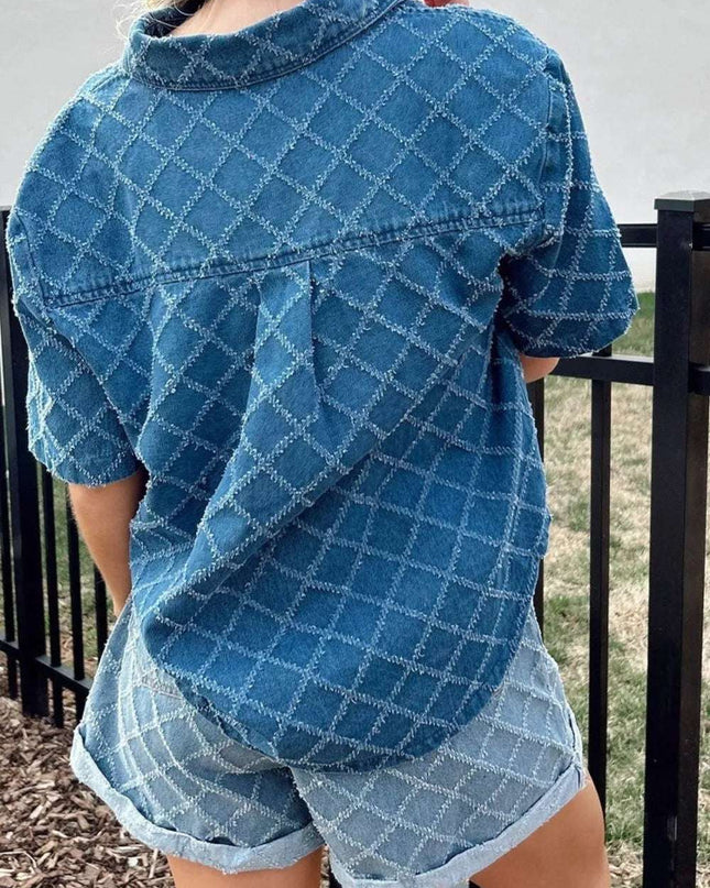 Pocketed Collared Neck Short Sleeve Denim Shirt