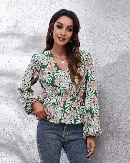 Floral V-Neck Balloon Sleeve Peplum Blouse