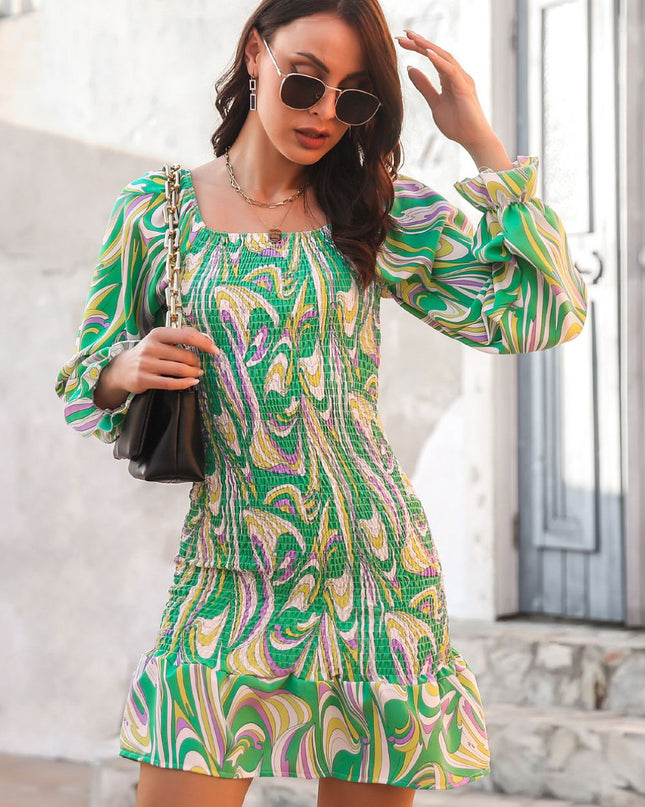 Abstract Print Square Neck Smocked Dress Green