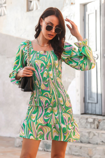 Abstract Print Square Neck Smocked Dress Green