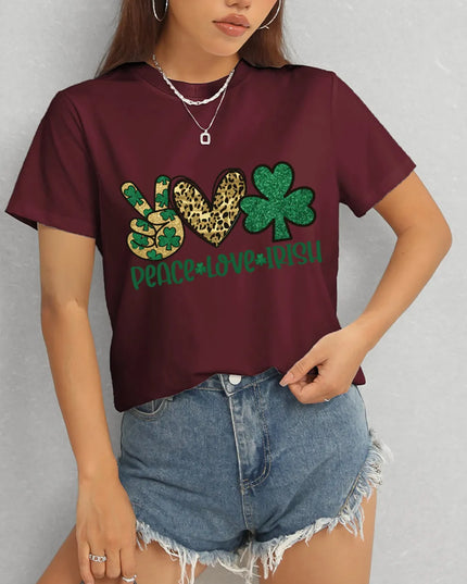 PEACE LOVE IRISH Round Neck Short Sleeve T-Shirt