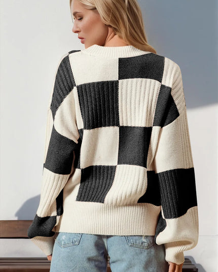 Double Take Full Size Checkered Dropped Shoulder Cardigan