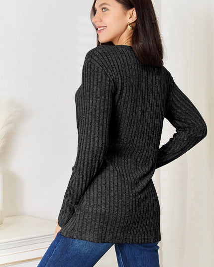 Double Take Notched Neck Ribbed Long Sleeve T-Shirt