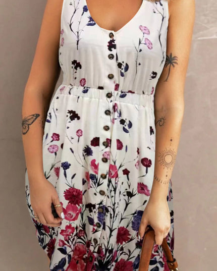 Double Take Scoop Neck Buttoned Sleeveless Magic Dress with Pockets White