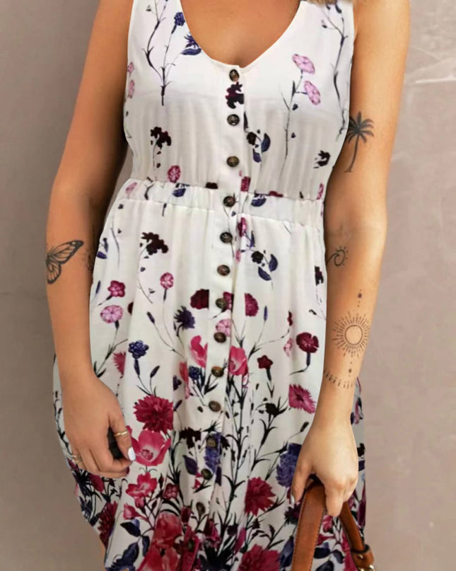 Double Take Scoop Neck Buttoned Sleeveless Magic Dress with Pockets White