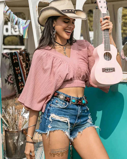 Textured V-Neck Crop Top