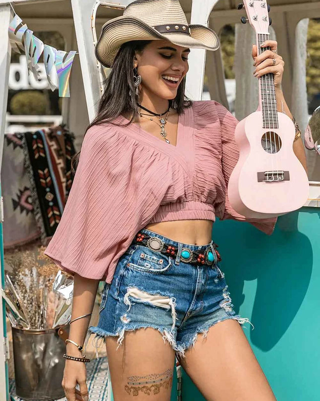 Textured V-Neck Crop Top