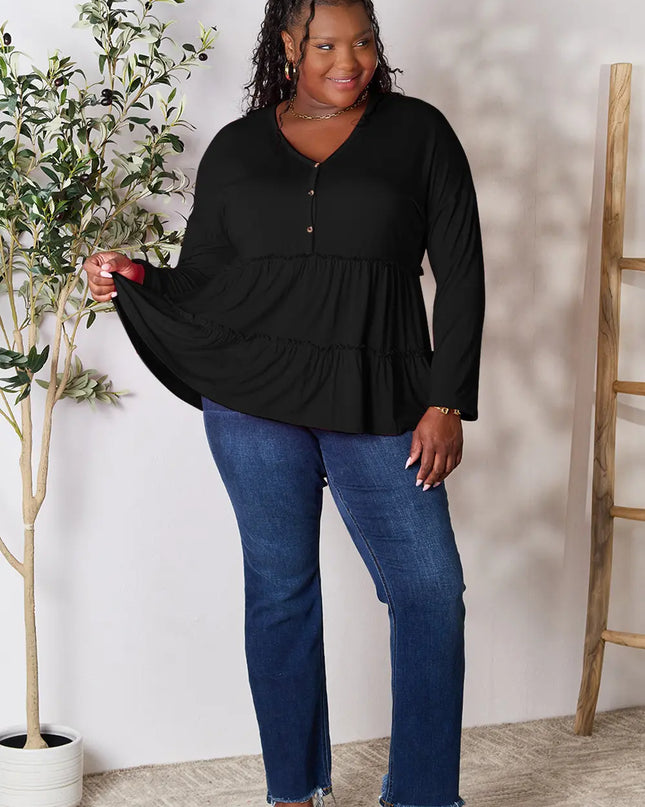 Double Take Half Button Long Sleeve Ruffle Hem Blouse