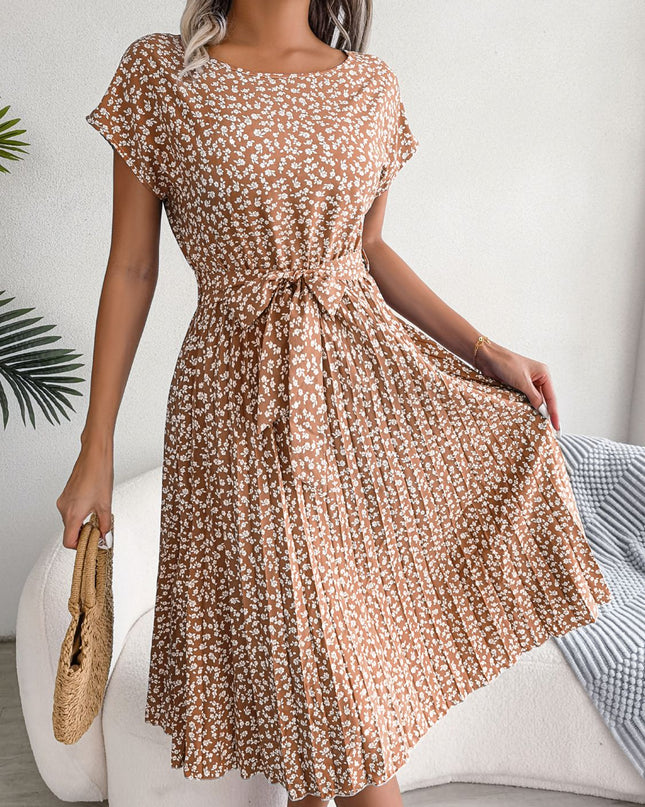 Ditsy Floral Pleated Belted Dress Camel