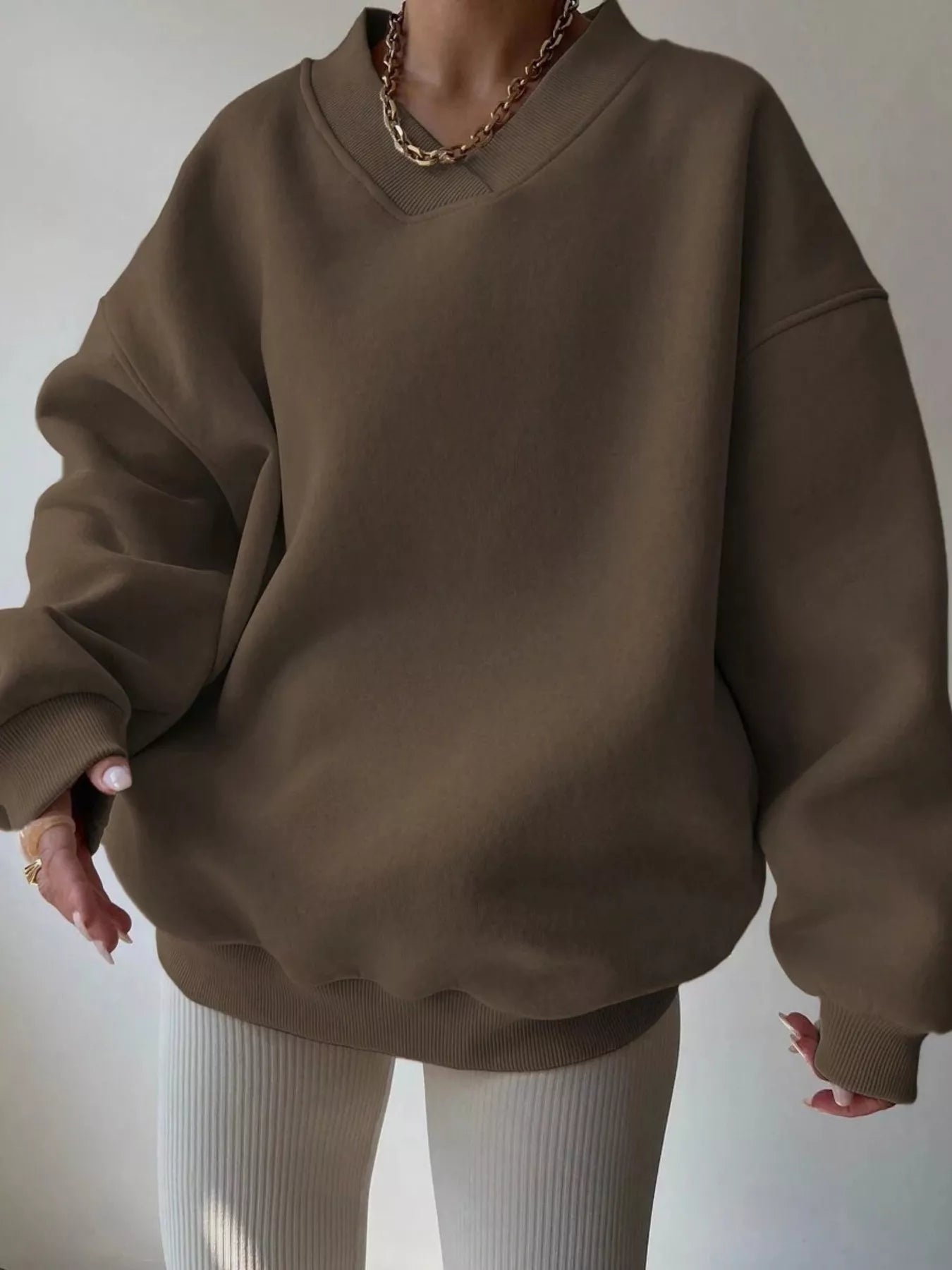 Dropped Shoulder Long Sleeve Oversized Sweatshirt Brown