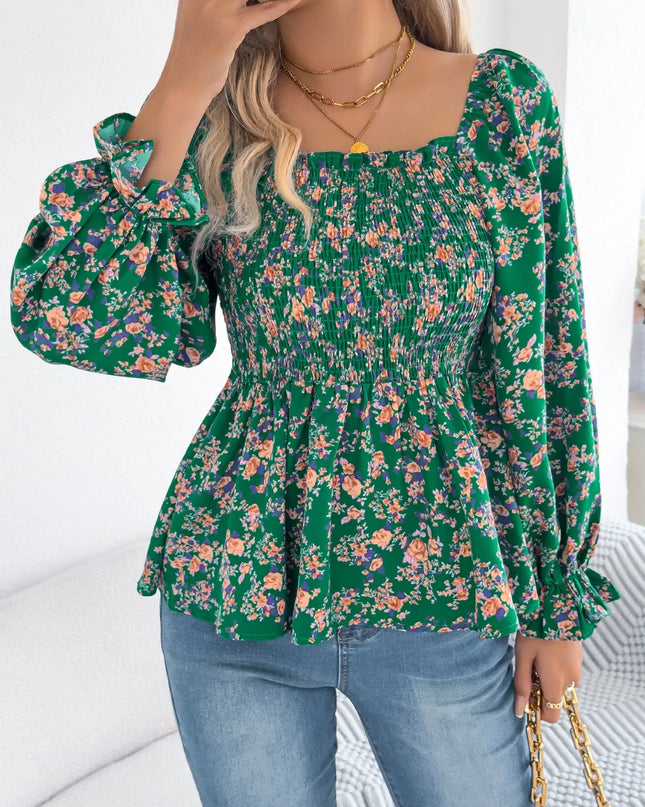 Floral Square Neck Flounce Sleeve Blouse 