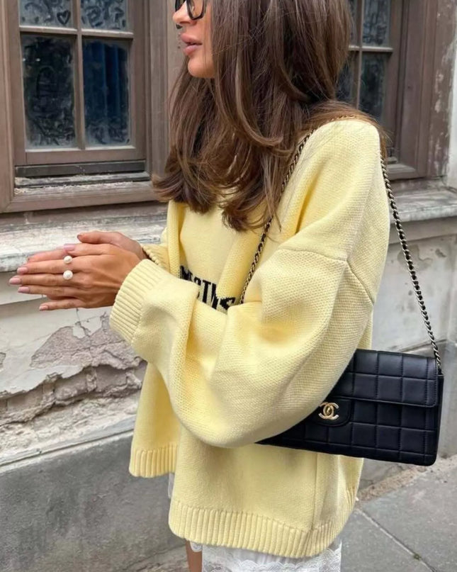 Letter Ribbed Hem Long Sleeve Sweater Light Yellow