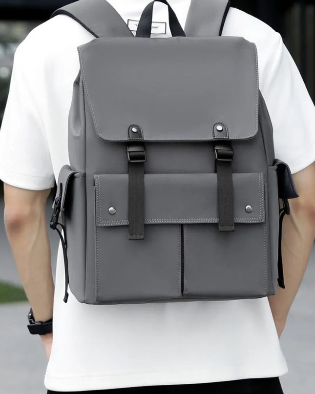 PU Leather Multi-Pockets Adjustable Strap Backpack Bag Gray One Size