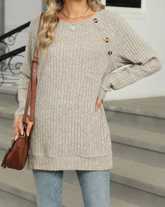 Ribbed Round Neck Long Sleeve T-Shirt