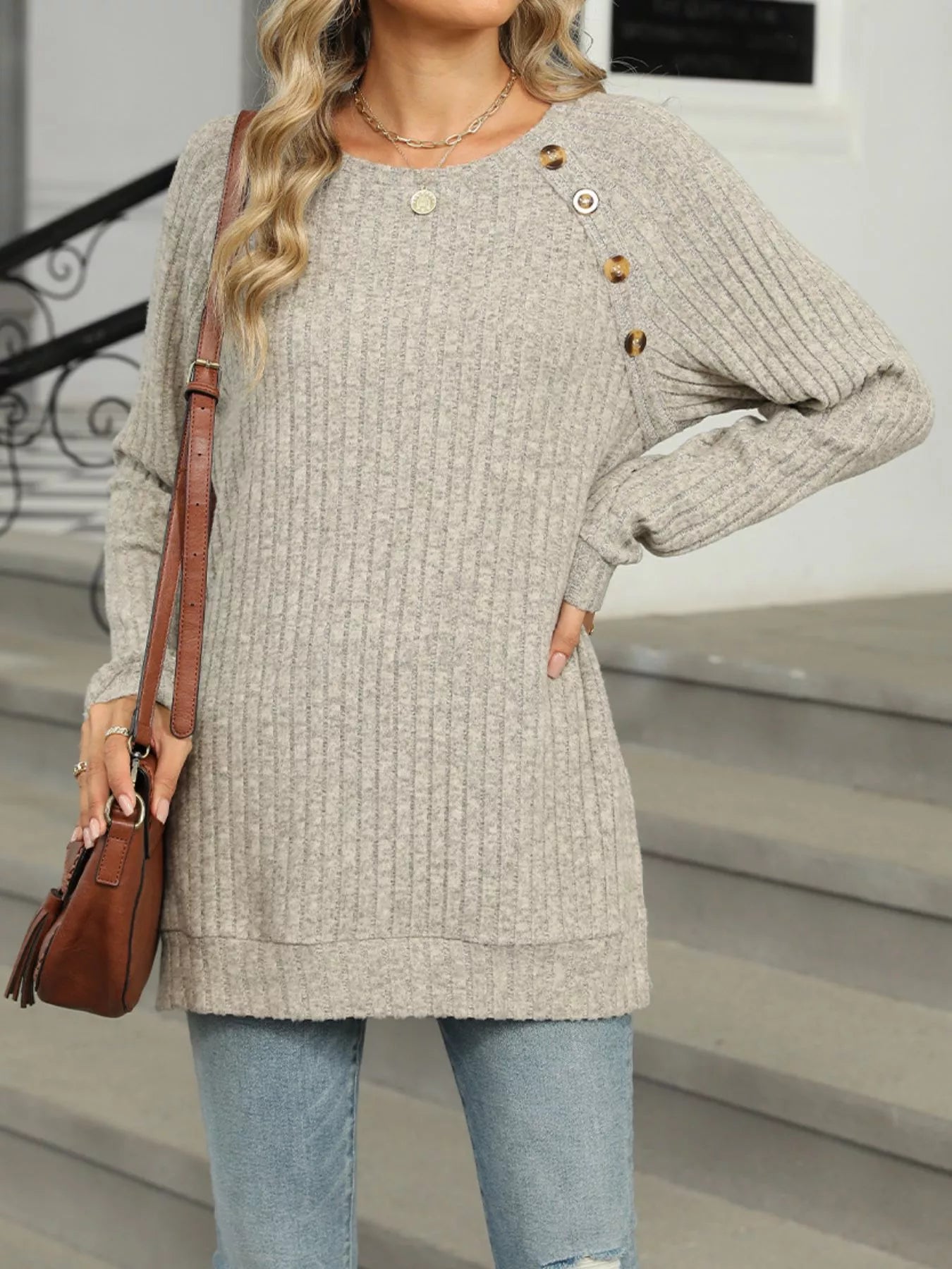 Ribbed Round Neck Long Sleeve T-Shirt
