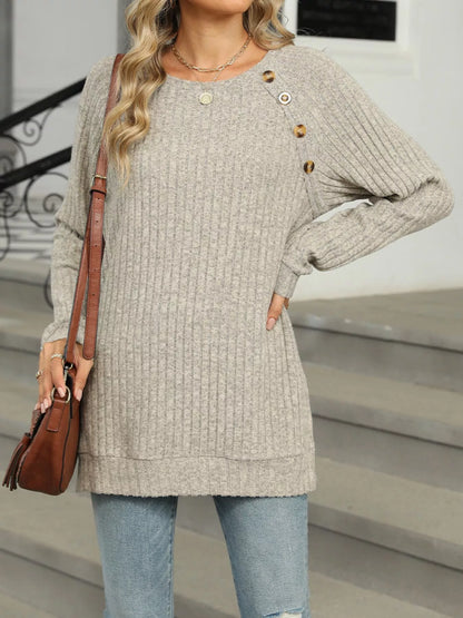 Ribbed Round Neck Long Sleeve T-Shirt