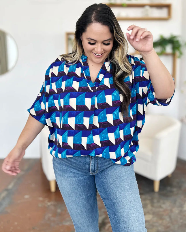 Double Take Full Size Geometric Notched Half Sleeve Blouse