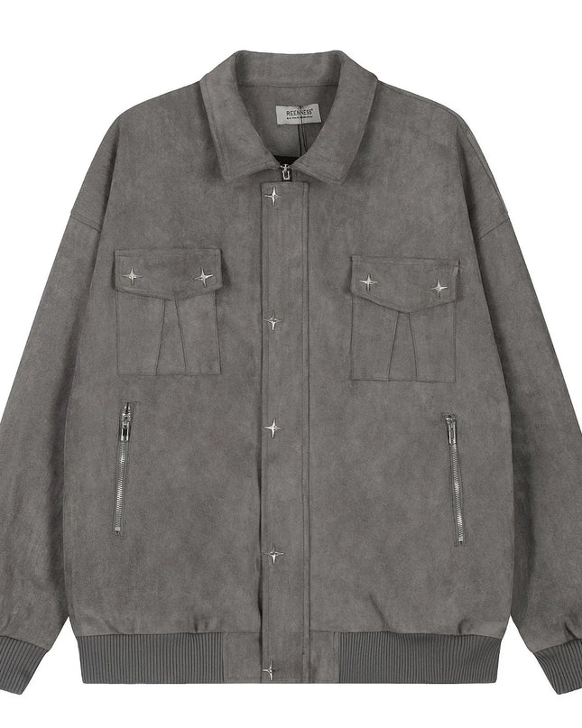 Men's Collared Neck Long Sleeve Jacket Gray