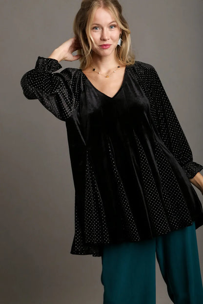 Umgee Godet Hem Polka Dot V-Neck Blouse 
