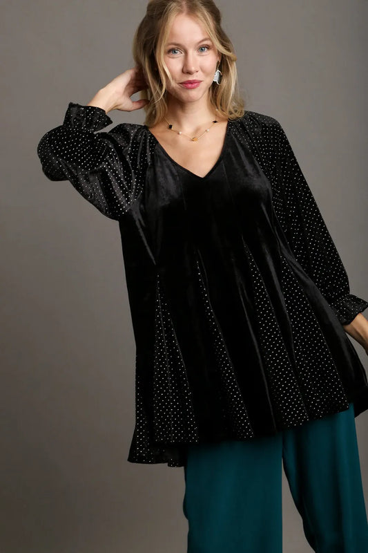 Umgee Godet Hem Polka Dot V-Neck Blouse 