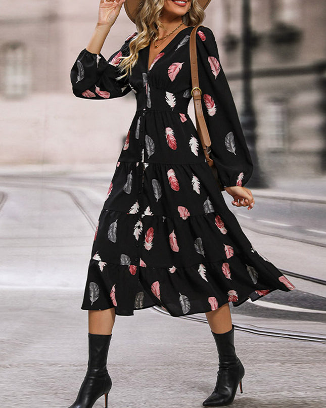 Perfee Printed V-Neck Slit Dress 