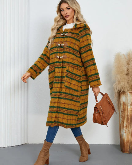 Plaid Long Sleeve Hooded Coat with Pockets