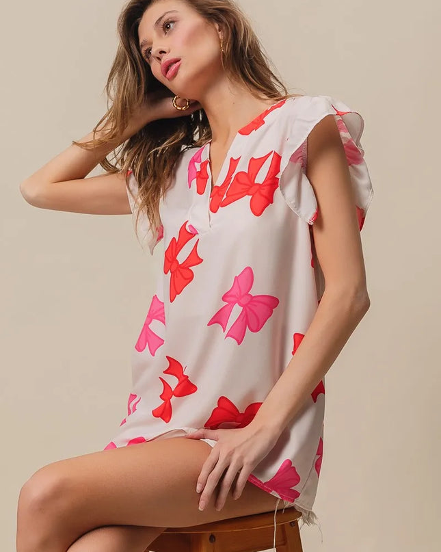 BiBi Bow Printed Woven Ruffled Sleeves V Neck Top