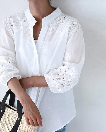 Embroidered Eyelet Button Up Shirt White