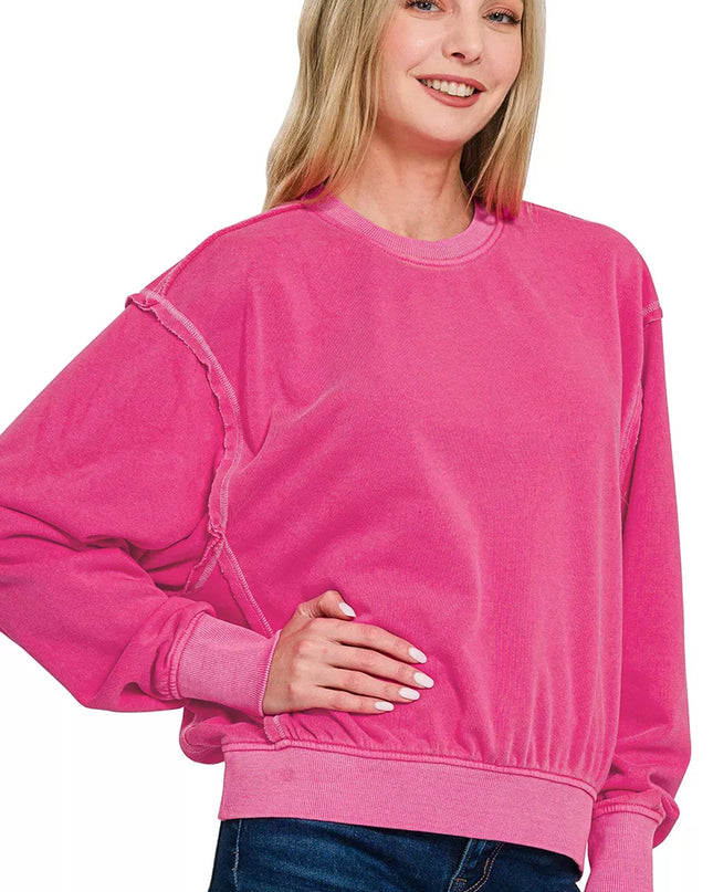 Zenana Soft Fleece Pigment Dye Round Neck Pullover