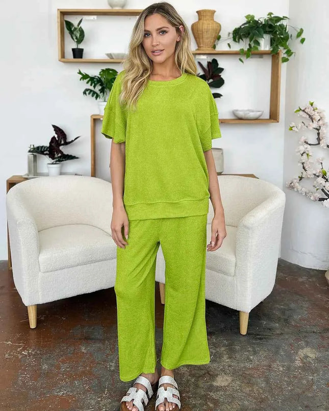 Double Take Full Size Texture Round Neck Short Sleeve T-Shirt and Wide Leg Pants