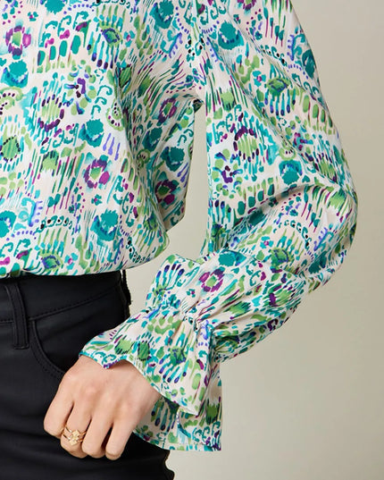 Double Take Full Size Printed Flounce Sleeve Blouse