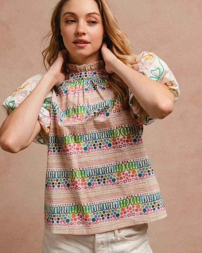 BiBi Ruffle Neckline Blouse With Embroidery Bubble Sleeve
