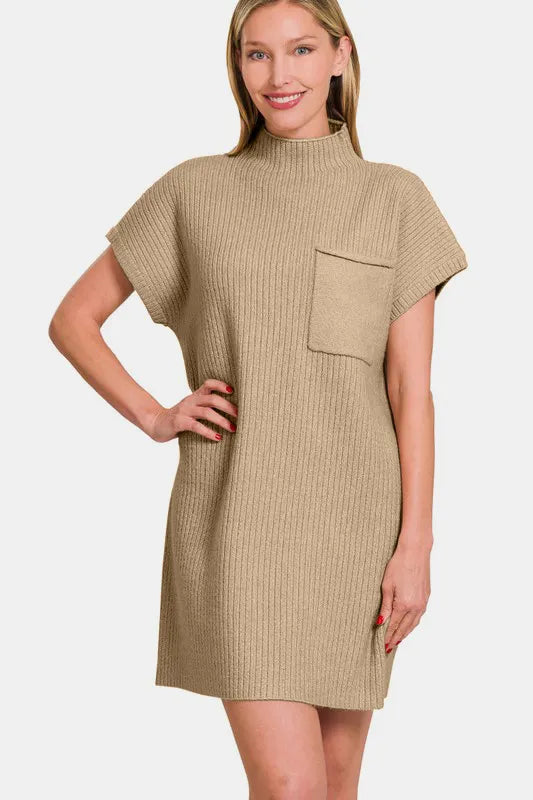 Zenana Short Sleeve Sweater Mini Dress H. Mocha