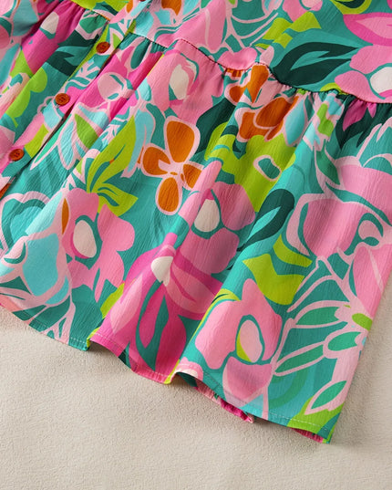 Printed Collared Neck Puff Sleeve Mini Dress