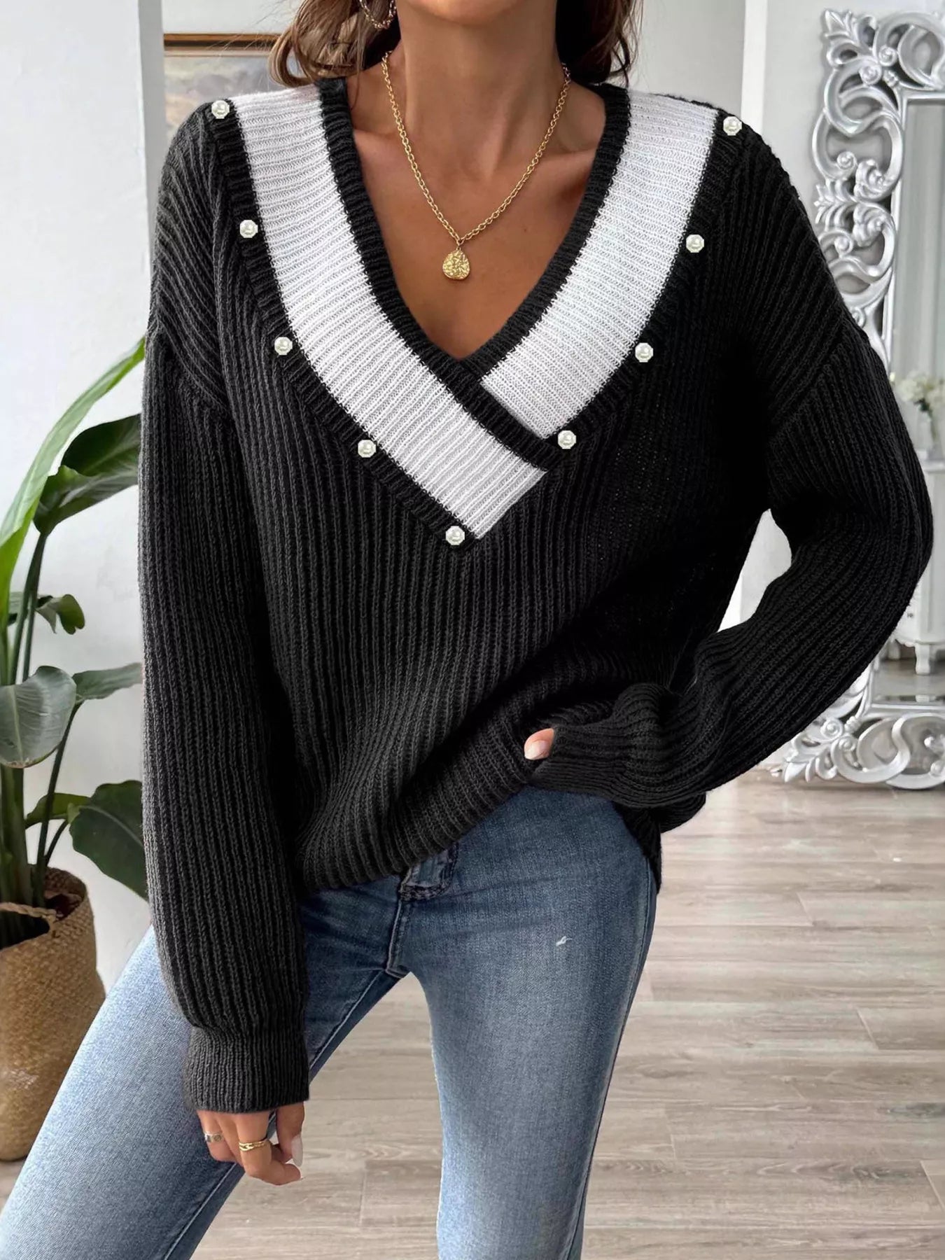 V-Neck Button-Decorated Sweater