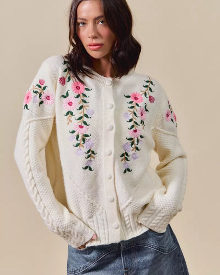 SO ME Floral Embroidered Coquette Sweater Cardigan IVORY
