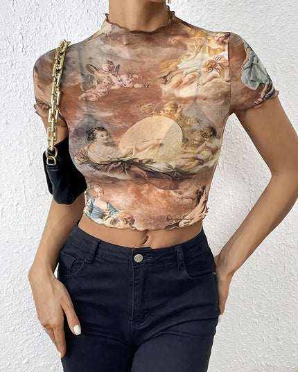 Abstract Print Ruffled Mock Neck Crop T-Shirt