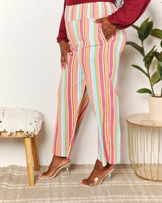 Double Take Striped Smocked Waist Pants with Pockets