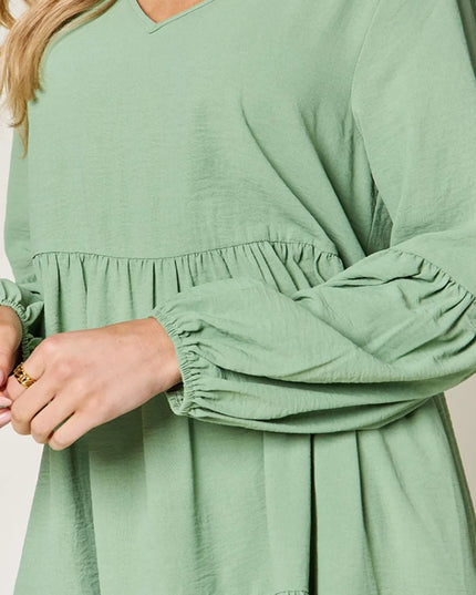 Double Take Full Size V-Neck Balloon Sleeve Tiered Dress with Pockets