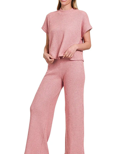 Zenana Sweater Boxy Top & Long Pants Set LT ROSE