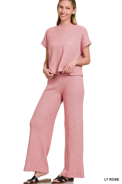 Zenana Sweater Boxy Top & Long Pants Set LT ROSE