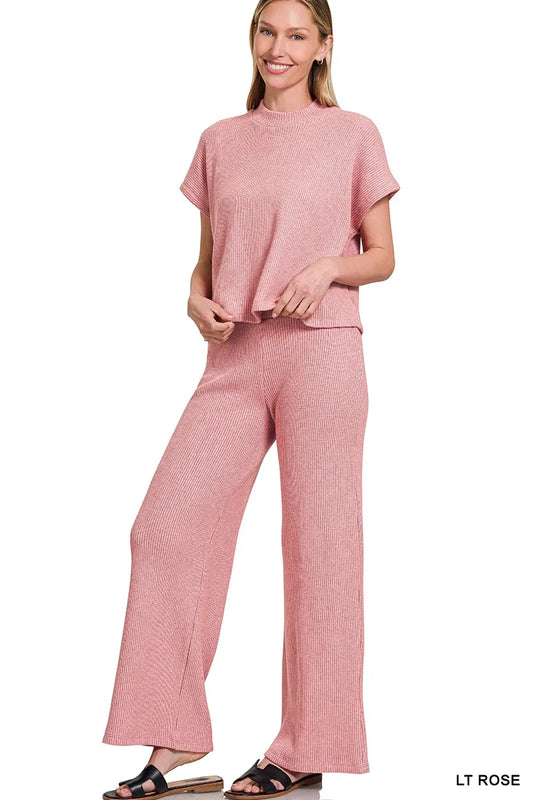 Zenana Sweater Boxy Top & Long Pants Set LT ROSE