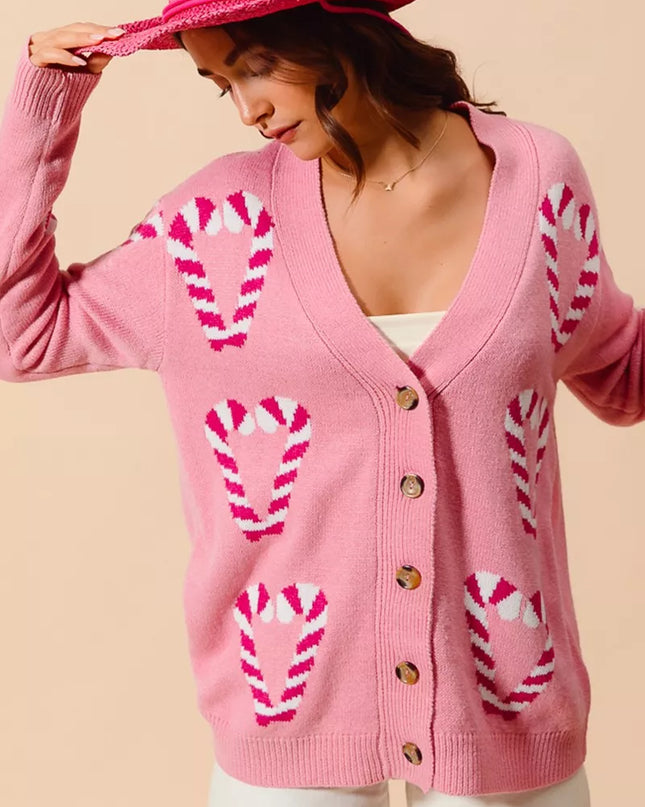 SO ME Christmas Candy Cane Button Front Sweater Cardigan