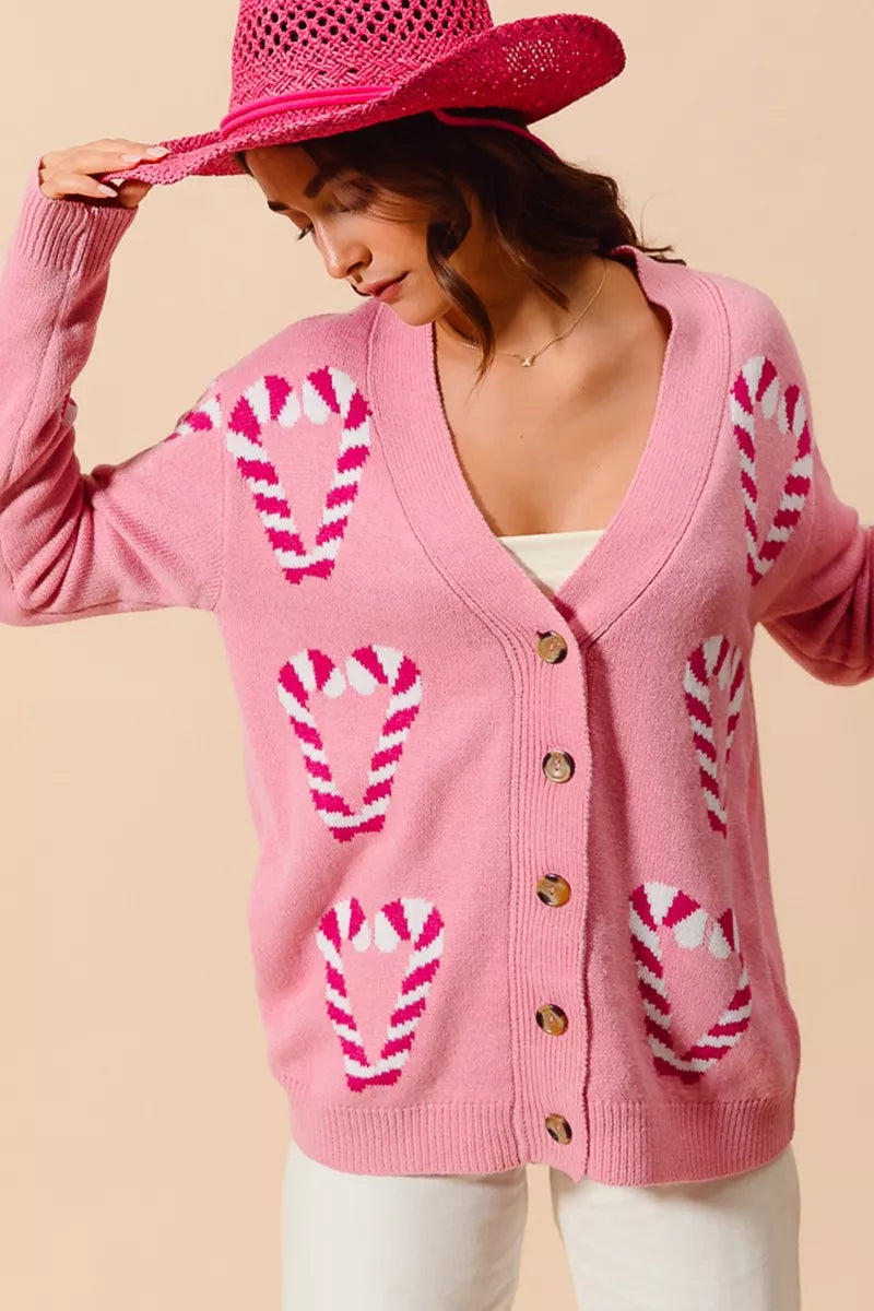 SO ME Christmas Candy Cane Button Front Sweater Cardigan