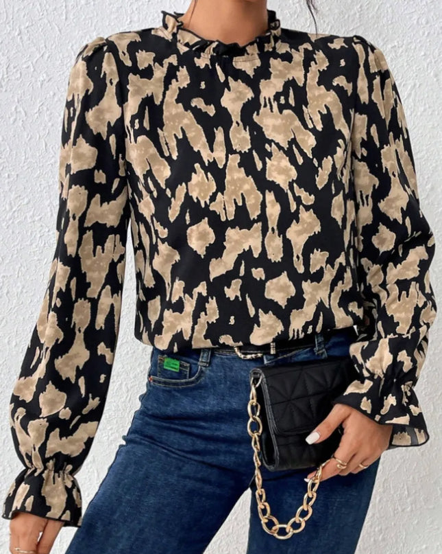 Frill Leopard Mock Neck Flounce Sleeve Blouse