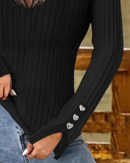 Full Size Ribbed V-Neck Lace Trim Long Sleeve T-Shirt Plus Size