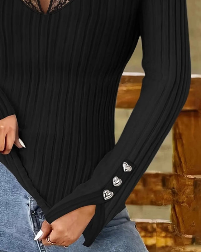 Full Size Ribbed V-Neck Lace Trim Long Sleeve T-Shirt Plus Size