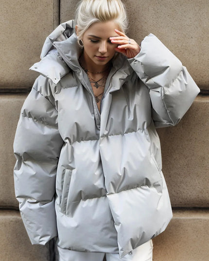 Pocketed Zip Up Hooded Puffer Jacket Light Gray